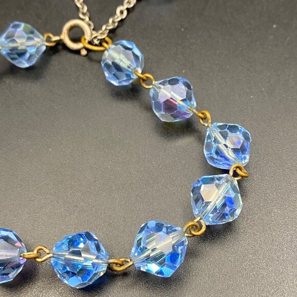 Vintage AB Blue Crystal Bead Bracelet Gold-Tone Chain 7.5" Spring Ring Dangle - Picture 7 of 8